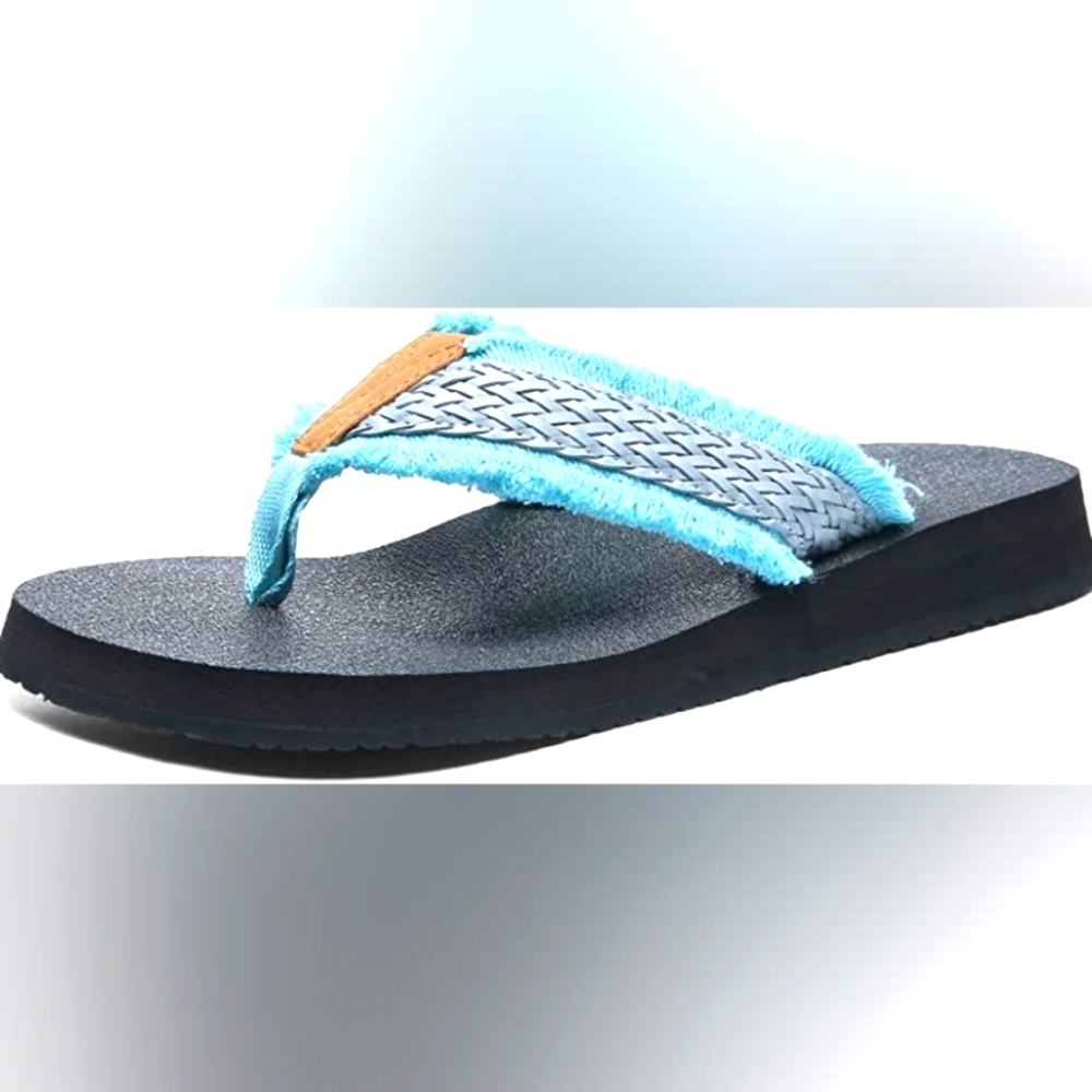 Women's Flip Flops Black Tuquoise Comfortable Walking Yoga Shoe Size 8